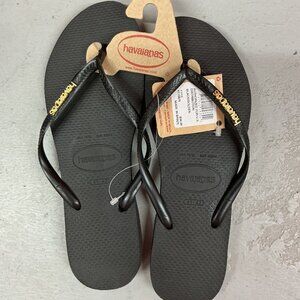 NWT Havaianas Slim Black/Golden Flip Flops with Metallic Pop-Up Logo on Strap